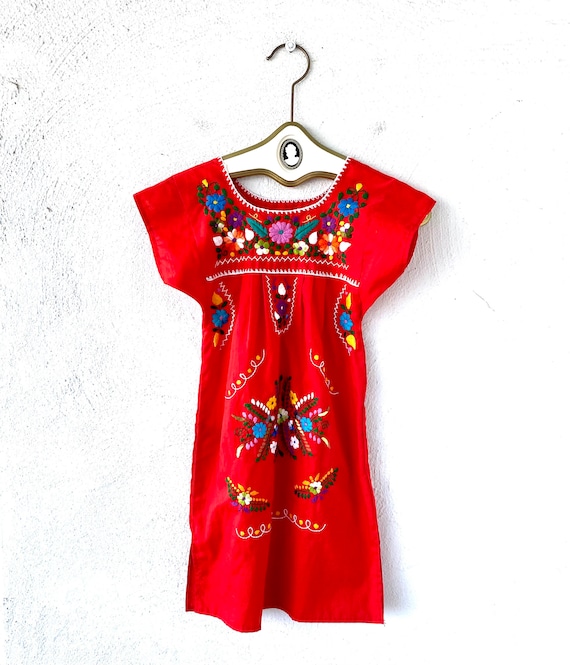 Vintage Mexican Dress Girls Embroidered Floral Re… - image 1