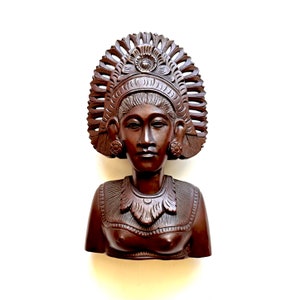 Vintage Balinese Warrior Goddess Klungklung Statue Hand Carved Wood Bali Woman Bust Figure