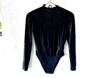 Vintage 90s Velvet Ruffle Collar Bodysuit 1990s Boho Goth Long Bell Sleeve Top Shirt