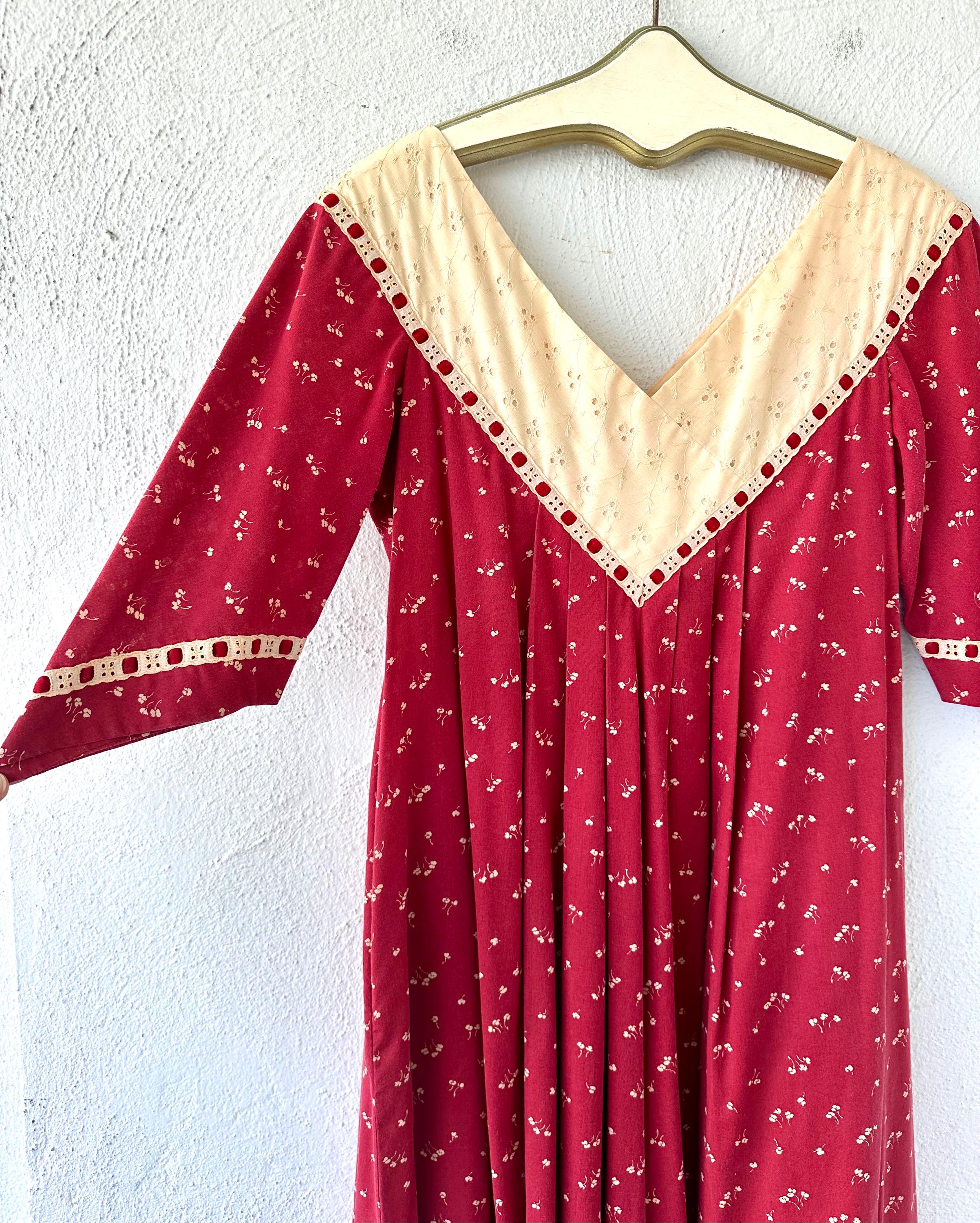 Vintage 70s Bete Red Floral Muumuu Dress: Liberty House Eyelet