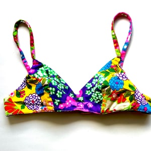 Vintage 60s 70s Psychedelic Barkcloth Bikini Bra Top Patchwork Floral Boho Hippie 1960s Swimsuit Top 1970s Swimwear