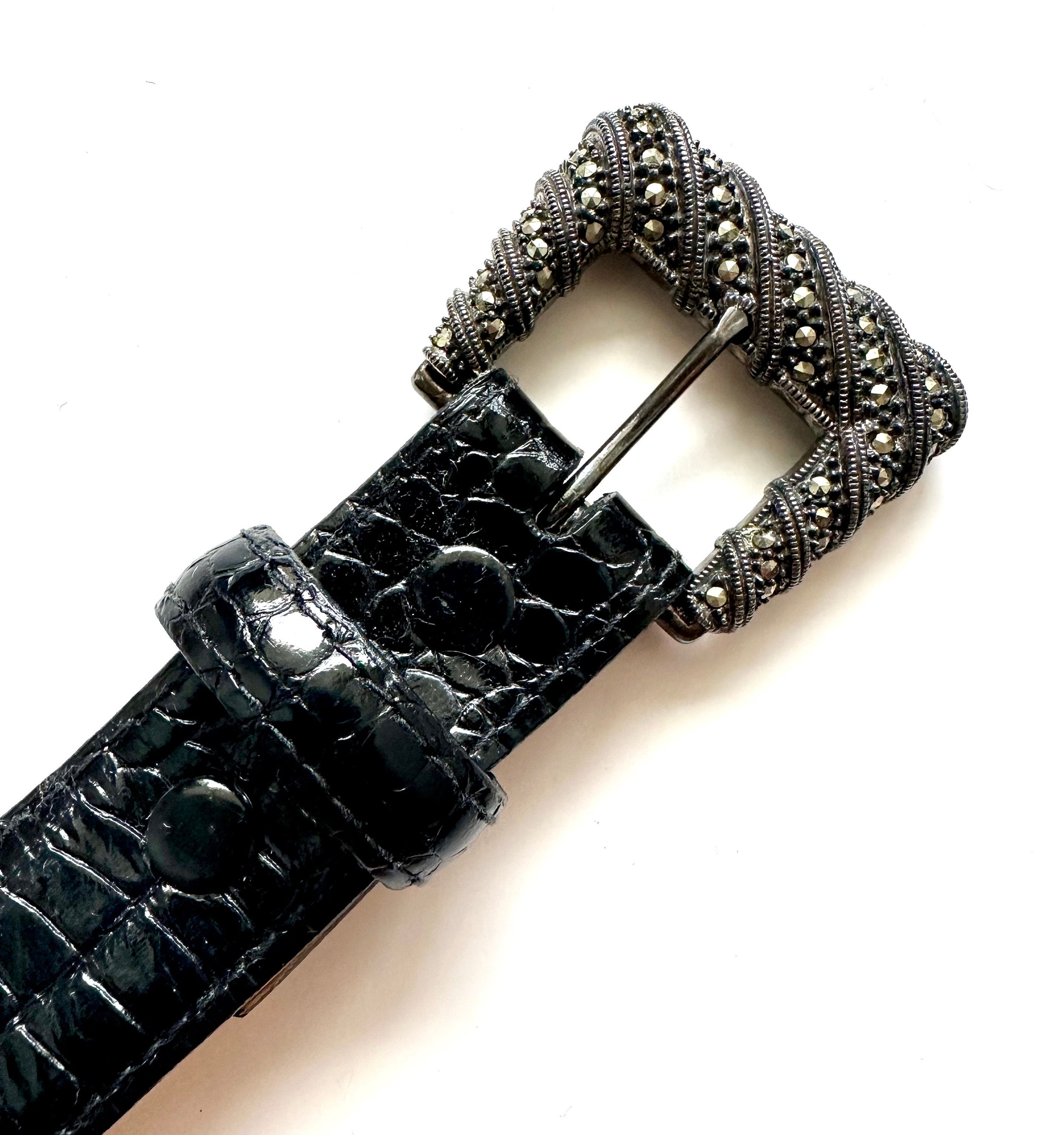 Vintage 90s Marcasite Sterling Silver Buckle Patent Leather 