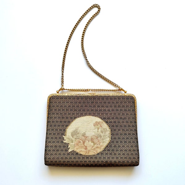 Vintage Japanese Kimono Bag Metallic Gold Purse Floral Clutch Handbag