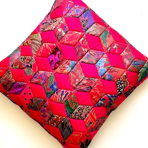 Vintage Patchwork Quilt Silk Pillowcase Pink Red Bright Decor Pillow