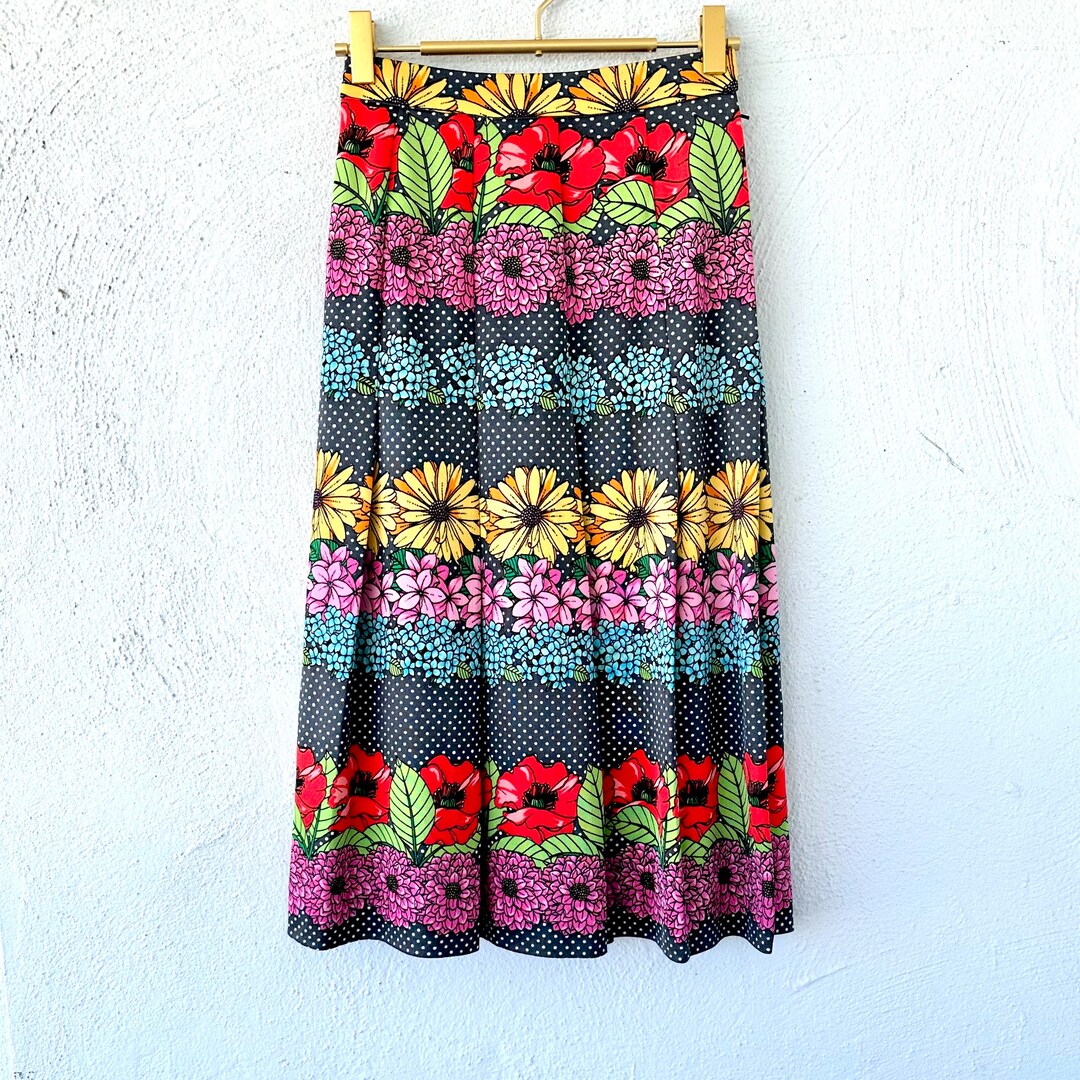 70s Vintage Blue Floral A-Line Midi Skirt 10 main image 1