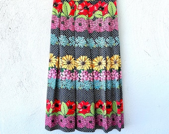 Vintage 70s Bright Floral Skirt Graphic Pleated Midi Skirt