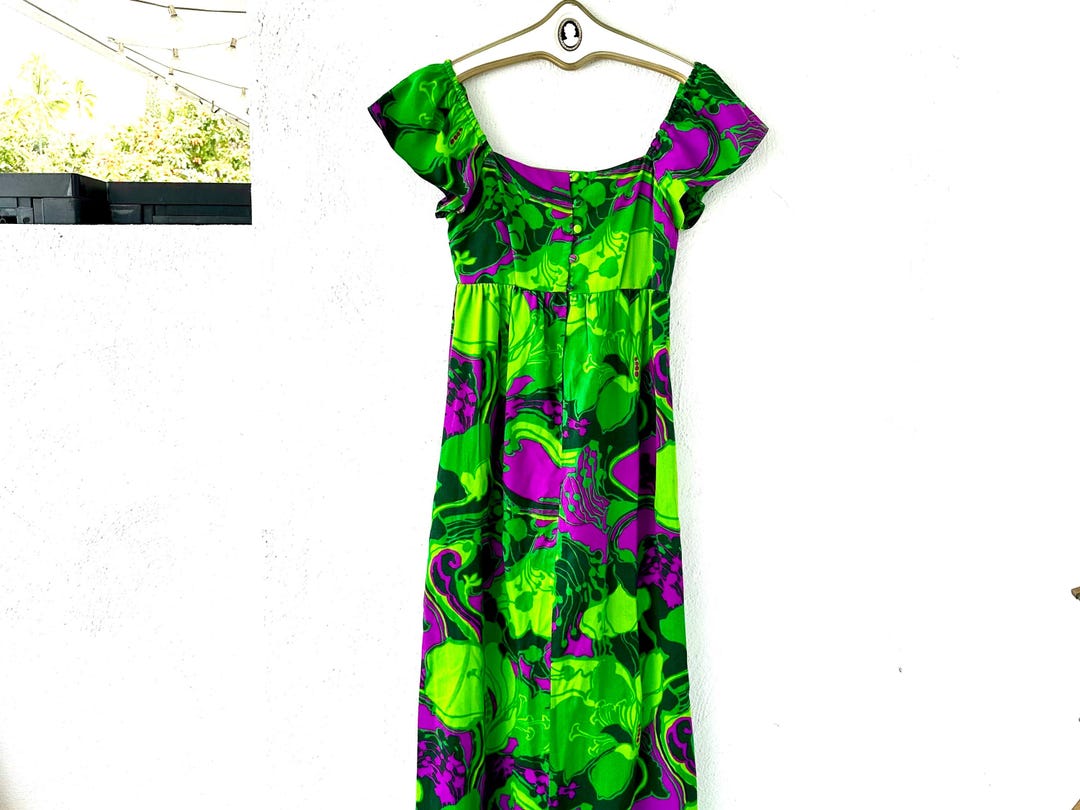 Vintage 60s 70s Psychedelic Hawaiian Barkcloth Dress 1960s 1970s Hippie ...