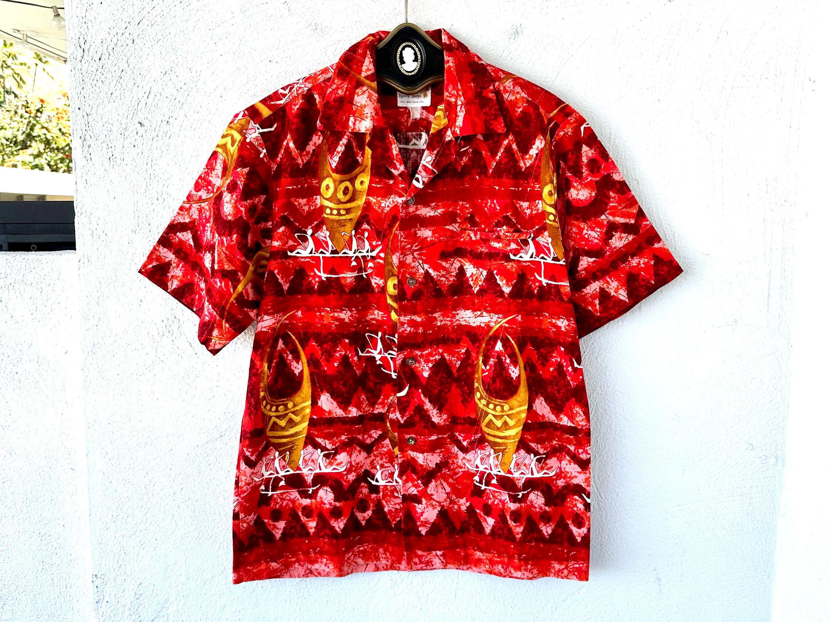 Vintage 60s 70s Hawaiian Barkcloth Aloha Shirt 1960s 1970s 