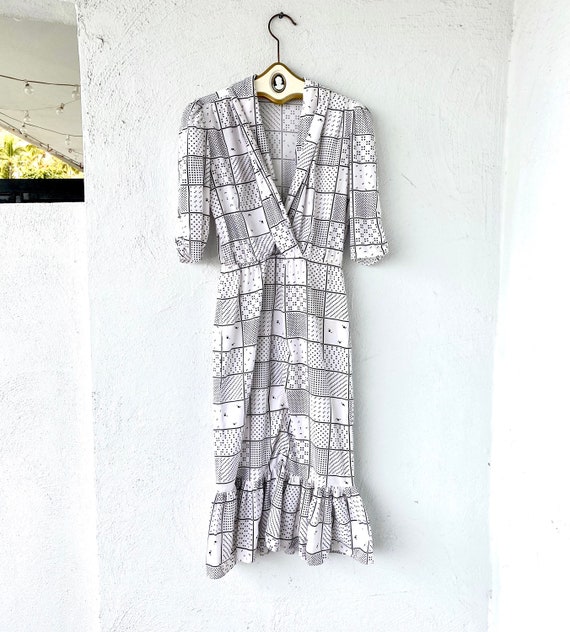 Vintage 70s Does 40s Checkered Midi Dress: White Black Ruffle