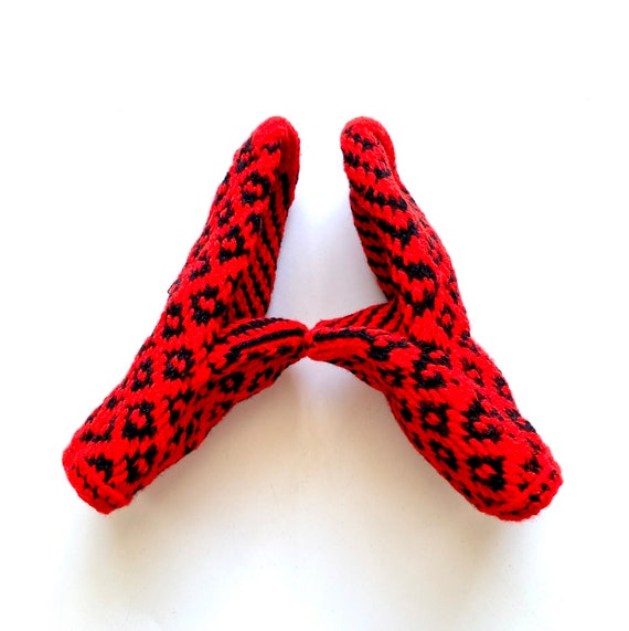 Vintage Knit Mittens Red Black Hand Warmers - image 1