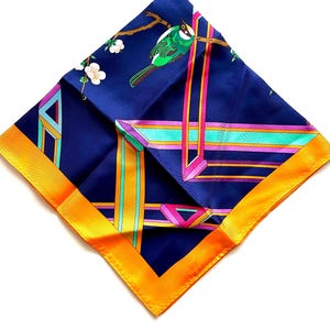 Vintage Bird Cherry Blossom Silk Scarf Asian Bold Colorful Accessory