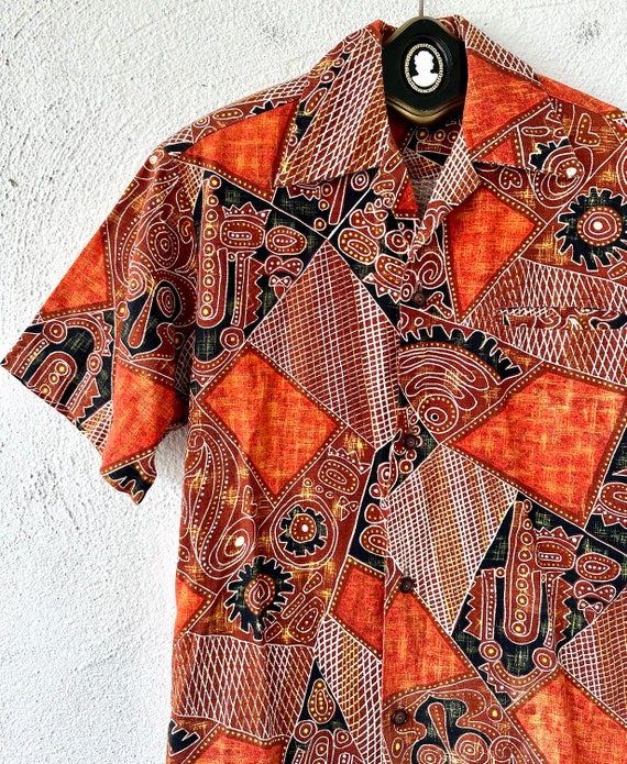 Vintage 60s 70s Hawaiian Barkcloth Aloha Shirt 19… - image 3