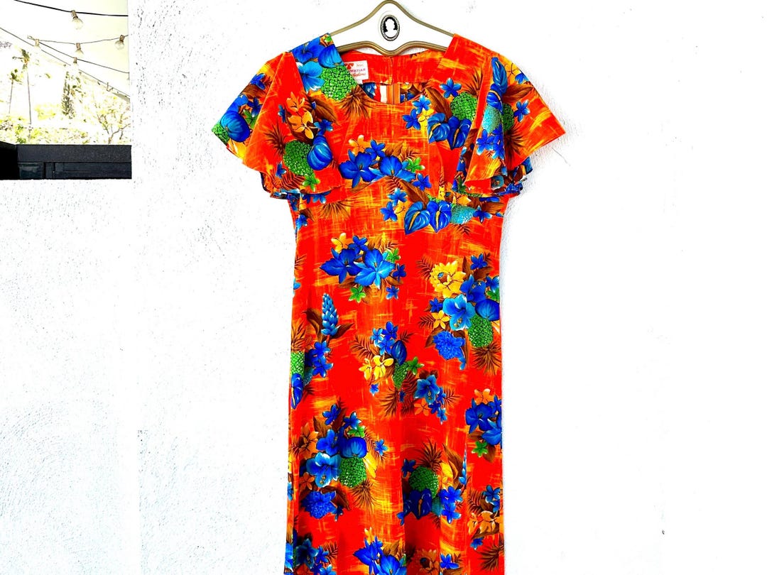 Vintage 60s 70s Bright Hawaiian Tiki Dress Sears Neon Orange Floral ...