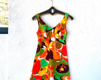 Vintage 60s Psychedelic Hawaiian Dress Bright Graphic Short Mini Dress Gogo Dancer Hawaii Floral Tunic