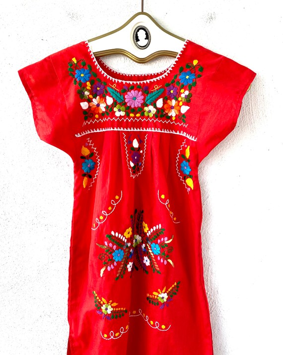 Vintage Mexican Dress Girls Embroidered Floral Re… - image 5