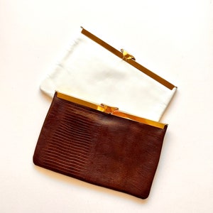 Vintage 60s Leather Clutch 70s Handbag Brown White Bag Wristlet Purse