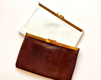 Vintage 60s Leather Clutch 70s Handbag Brown White Bag Wristlet Purse