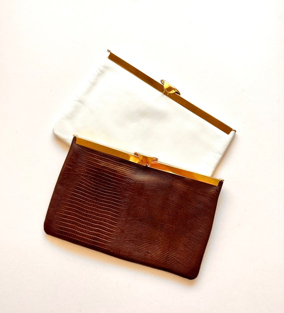 Vintage 60s Leather Clutch 70s Handbag Brown Whit… - image 1