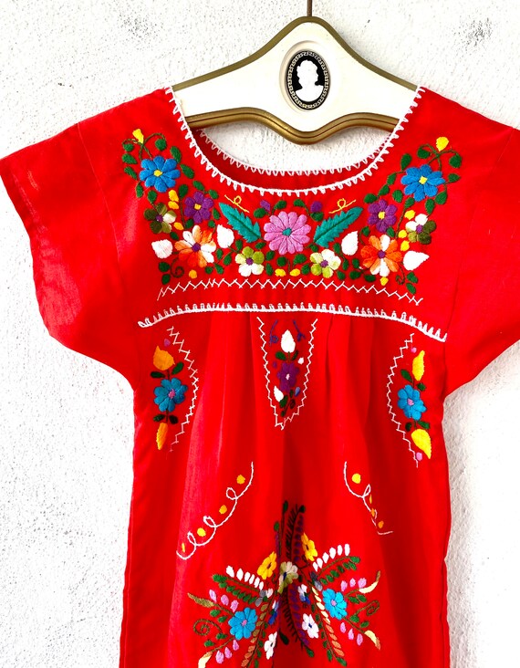 Vintage Mexican Dress Girls Embroidered Floral Re… - image 3