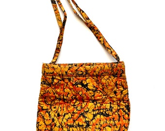 Vintage 60s 70s Hippie Bag Quilted Shoulder Purse Orange Tie Dye Batik Tote
