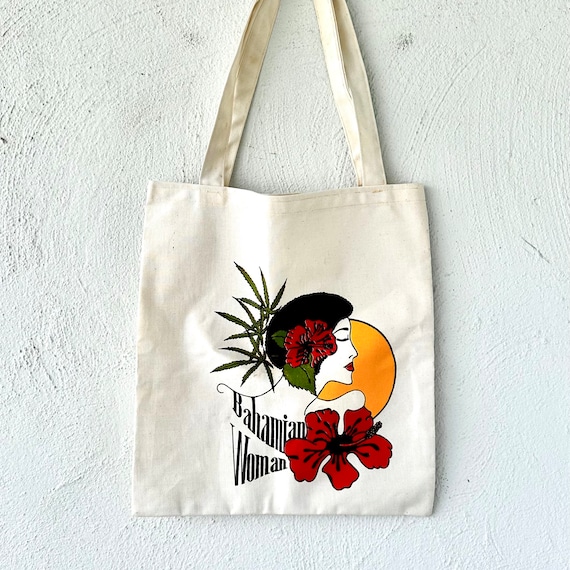 Vintage 70s 80s Bahamian Woman Canvas Tote Bag Farmers Market Fabric Shoulder Bag