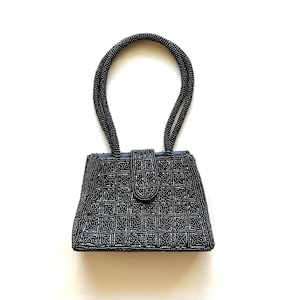 Vintage 90s Beaded Metallic Silver Mini Bag 1990s Glam Handbag Purse