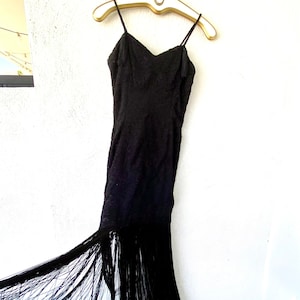 Vintage 80s 90s Embroidered Lace Black Dress with Long Fringe 1980s 1990s Evening Dress