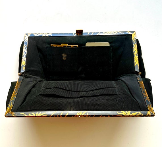 Vintage 1940s 1950s Gold Floral Black Handbag Clu… - image 4