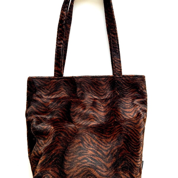 Vintage 90s Y2K Faux Fur Animal Print Bag Tiger Stripe Tote Purse