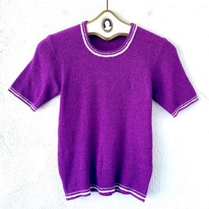 Vintage 60s 70s Sweater Knit Top Tight Purple 1970s Ribbed Shirt