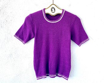 Vintage 60s 70s Sweater Knit Top Tight Purple 1970s Ribbed Shirt