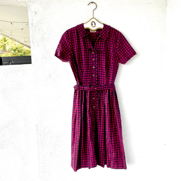 Vintage 1950s Apron Dress Cay Artley Gingham Checkered Apron Collared 1950s Day Dress