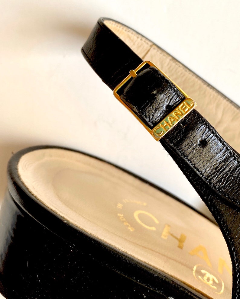 Vintage Chanel Slingback Black Mule Gold Buckle Square Heels Etsy