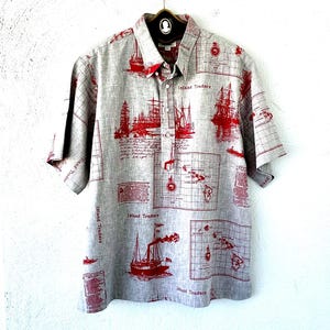 Vintage 70s Hawaiian Nautical Shirt Hawaii Sailing 1970s Sailboat Collared Top Ship Boat