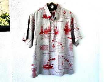 Vintage 70s Hawaiian Nautical Shirt Hawaii Sailing 1970s Sailboat Collared Top Ship Boat