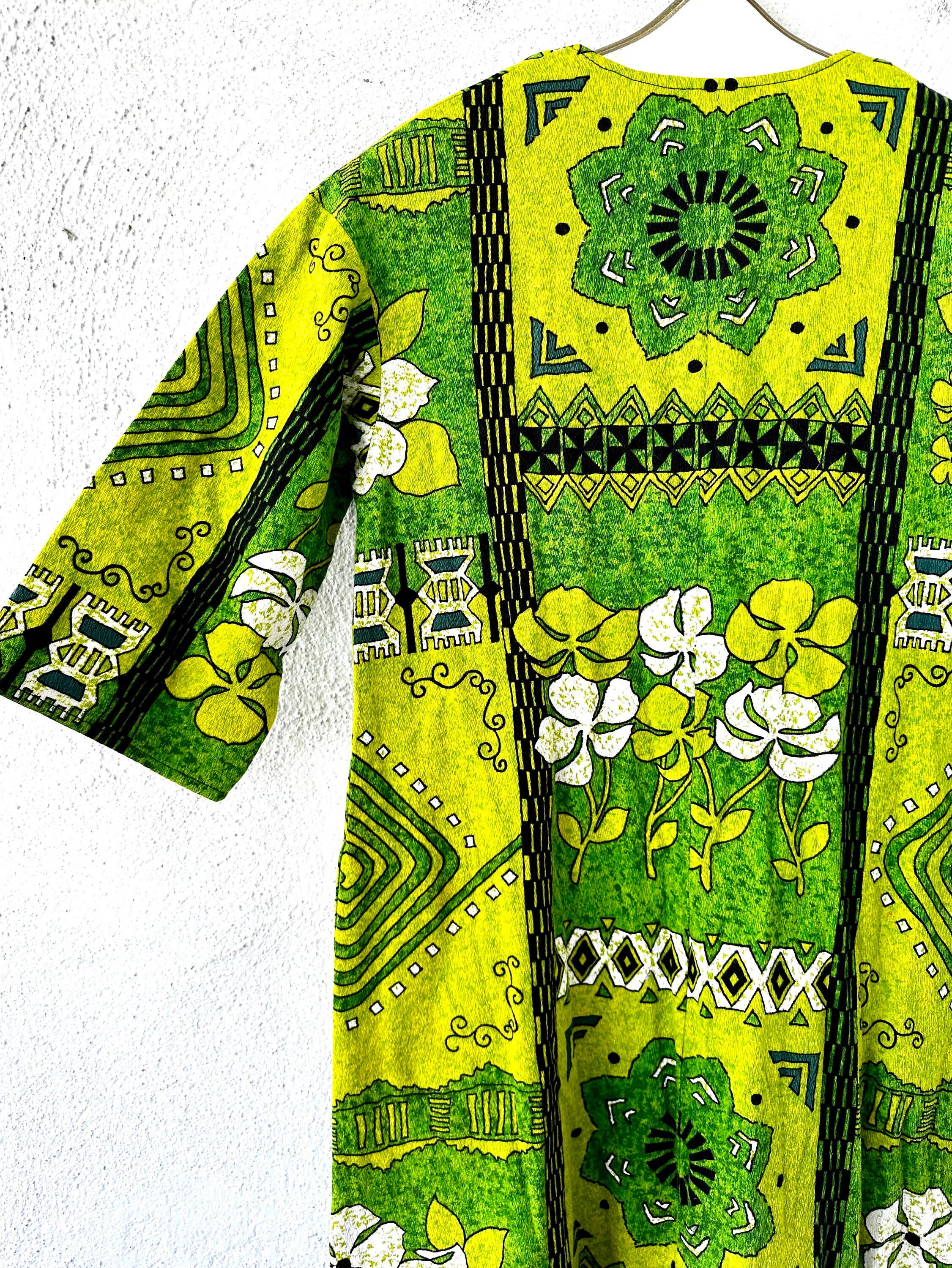 Vintage 60s 70s Psychedelic Hawaiian Barkcloth Dress 1960s 1970s Bright ...