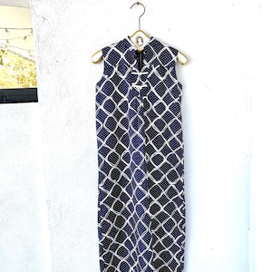 Vintage 60s 70s Graphic Dress Hawaiian Muumuu Asian High Neck Polka Dotted Checkered Dress