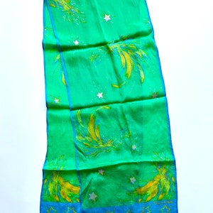Vintage Oscar de la Renta Star Comet 1970s 1980s Seda Bufanda Larga Verde Plata Metálica