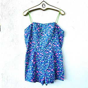 Vintage 60er 70er Strampler Blumen Badeanzug // 1960er 1970er Blauer Playsuit Kurzer Einteiler
