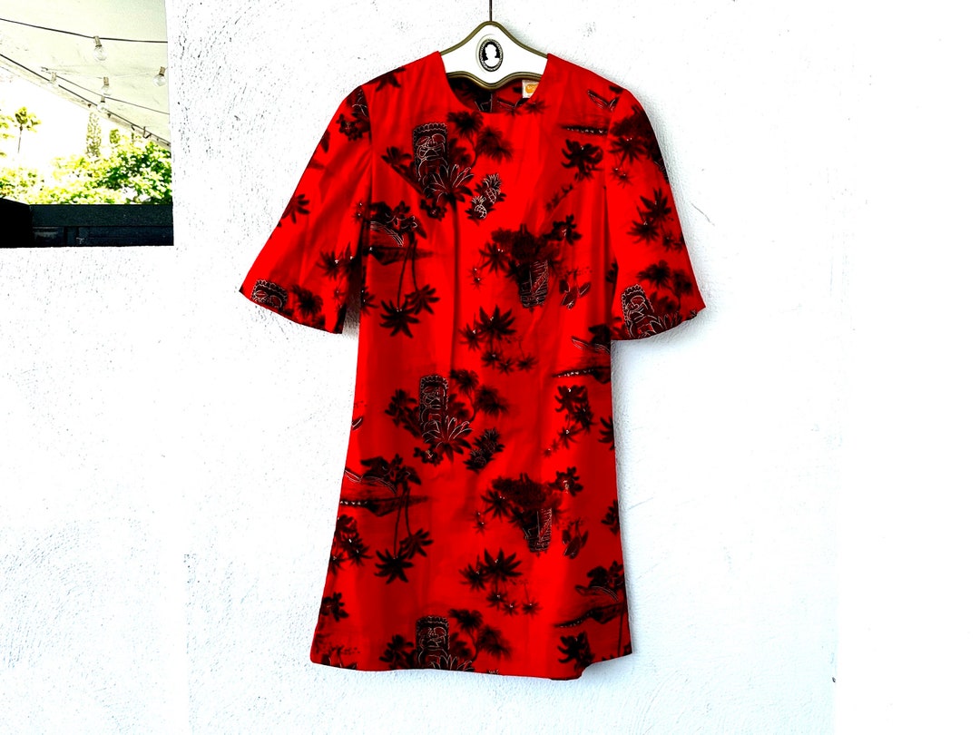Vintage 60s Hawaiian Tiki Bar Dress Bell Sleeve 1960s Red Hawaii Muumuu ...