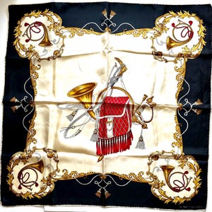 Vintage Echo The Hunt Baroque Silk Scarf Black White Gold Equestrian Accessory