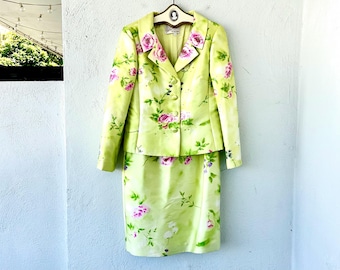 Set giacca abito vintage in seta floreale con perline, blazer verde brillante e abito tubino