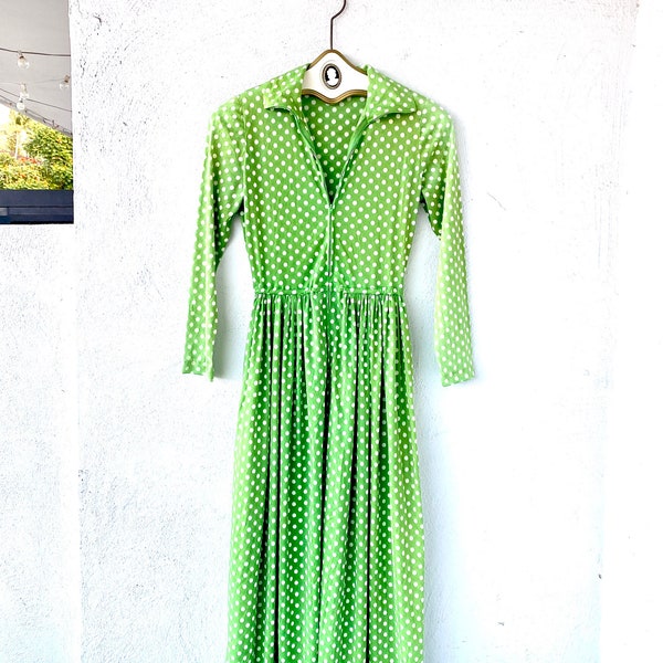 Vintage 60s Funky Dress 70s Hawaii Dress Ruth Bekker Polka Dotted Green Long Maxi Dress with Collared High Neck