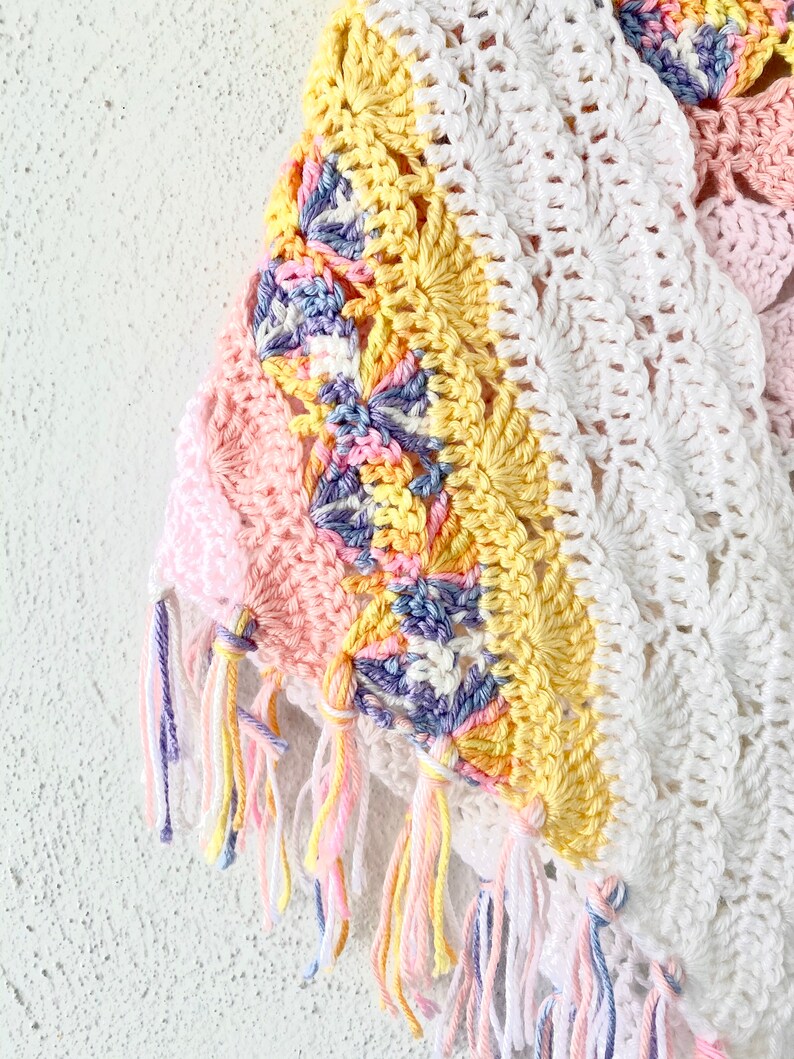Vintage Crochet Pastel Rainbow Boho Swimsuit Cape Poncho Coverup // White Knit Shawl Wrap Skirt image 1