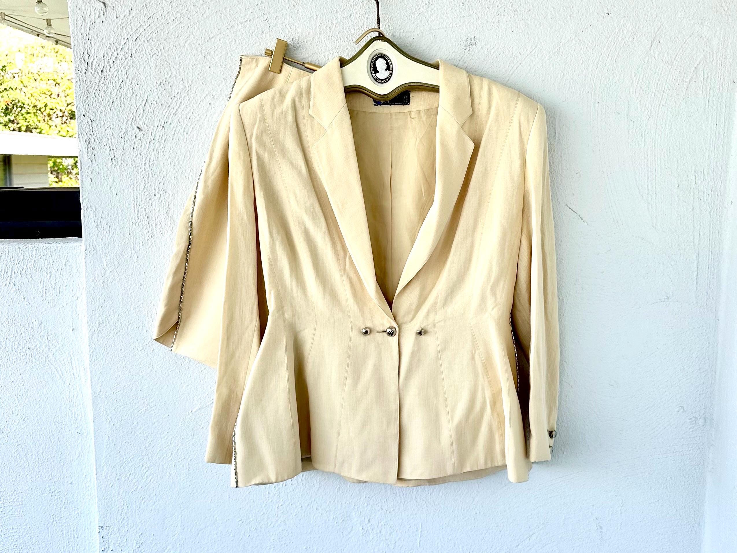 Vintage Claude Montana Suit 1980s Jacket Skirt off White Beaded