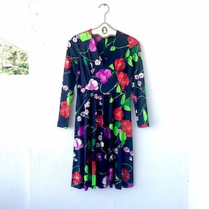 Vintage 70s Poppy Nylon Floral Bright Mini Boho Dress with Long Sleeve