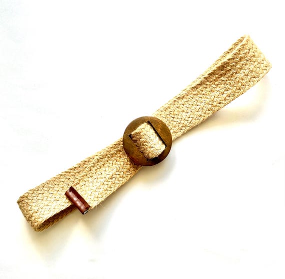 Vintage 70s Woven Belt 1970s Raffia Natural Wood Buckle Belt  display picture 1