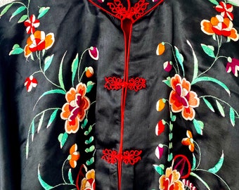 Antique Chinese Silk Embroidered Jacket Asian Black Floral