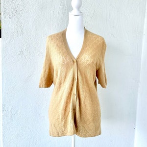 Vintage TSE Cashmere Soft Cardigan 90s Crochet Knit Top 1990s Beige Short Sleeve Sweater