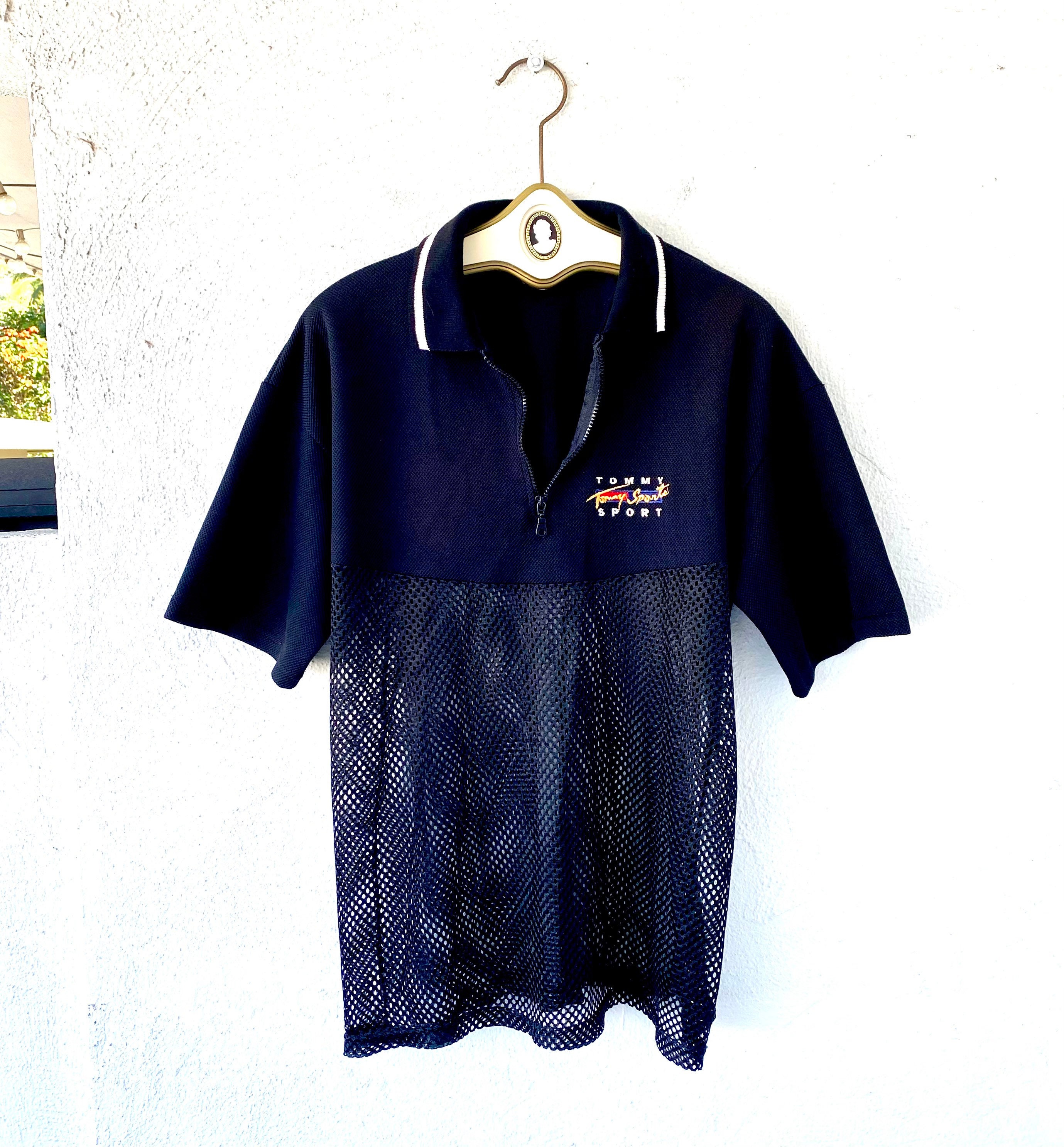 Vintage 90s Tommy Sport Mesh Polo Shirt Black Collared Mens Top